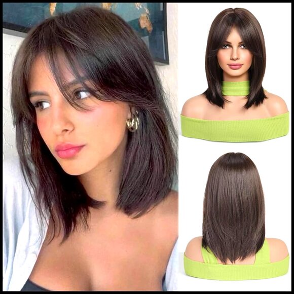Synthetic Bob Wig with Curtain Bangs Heat Resistant Adjustable Cap Party Cosplay main image 4